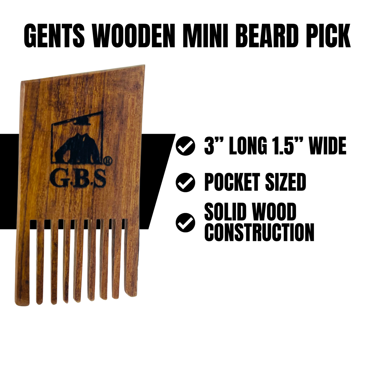 Beard Pick Comb GENTS Wooden Mini – 3” x 1.5” Pocket Size Beard Comb for Men – Solid Wood Beard Detangler & Styling Pick for Thick or Curly Beards