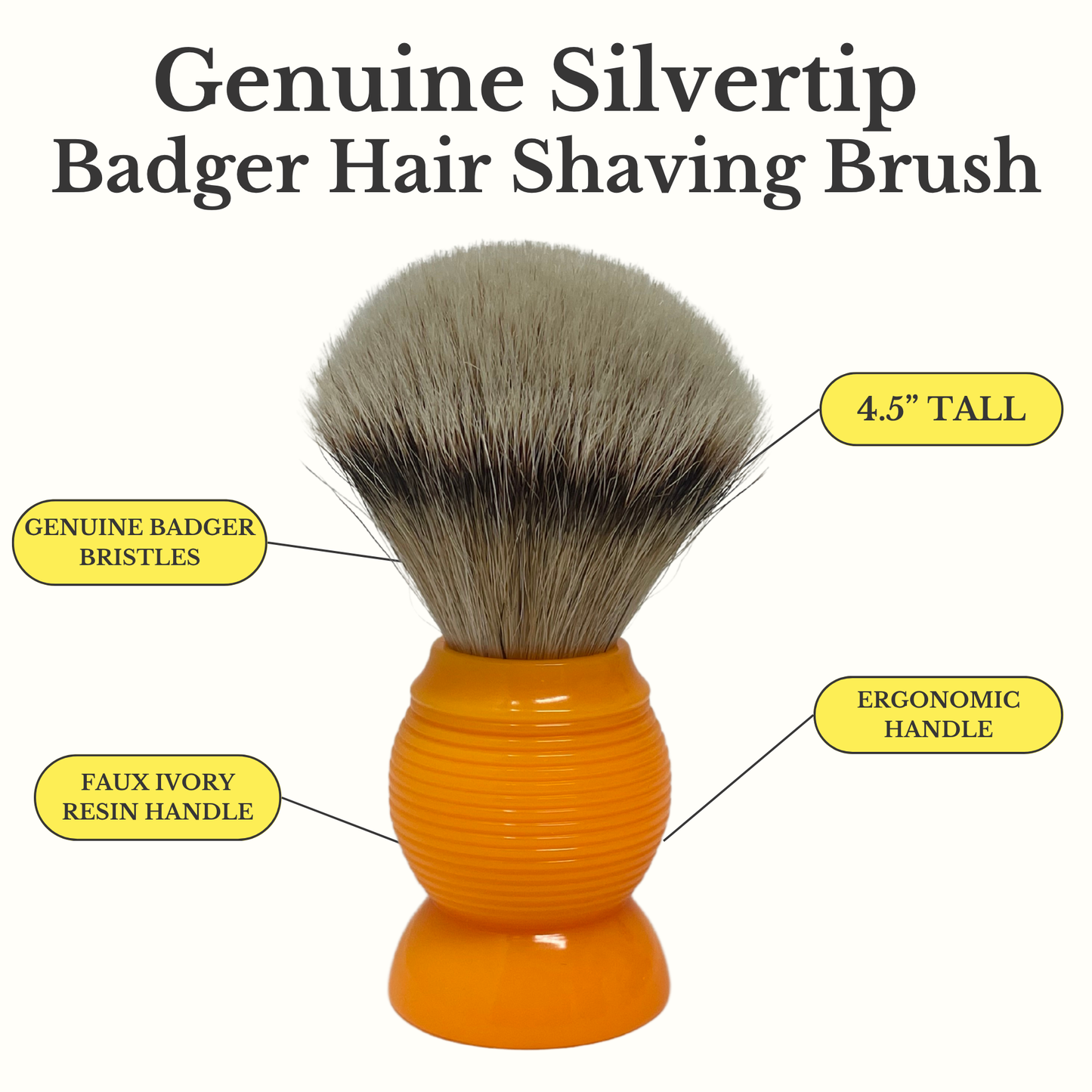 Shaving Brush Silvertip Badger – 26mm Knot, 4.5” Tall – Resin Handle – Premium Wet Shaving Brush for Rich Lather & Smooth Shave Faux Ivory or Orange GENTS