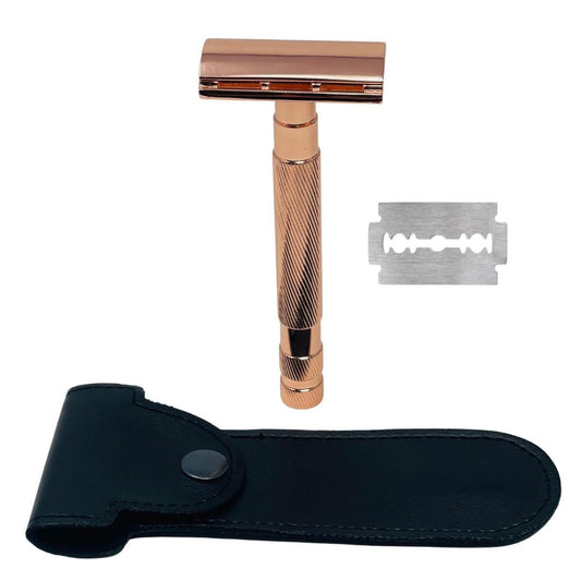 Razor Rose Gold Double Edge Safety Razor for Women with 10 DE Blade Refills, Leather Gents