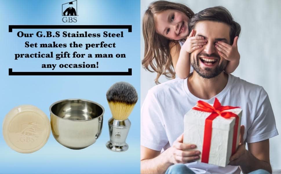 Gift Set GENTS - Men's Shaving Kit 3 pc Stainless Steel Bowl Shaving Soap and Synthetic Shaving Brush