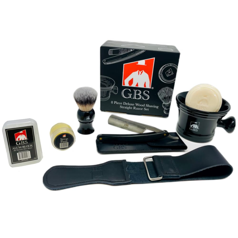 Gift Set Black Luxury Shaving Kit - Wood Straight Razor, Mug, Natural Soap, Brush, Alum block, Strop and Paste Grooming Kit, Gift Set Black GENTS