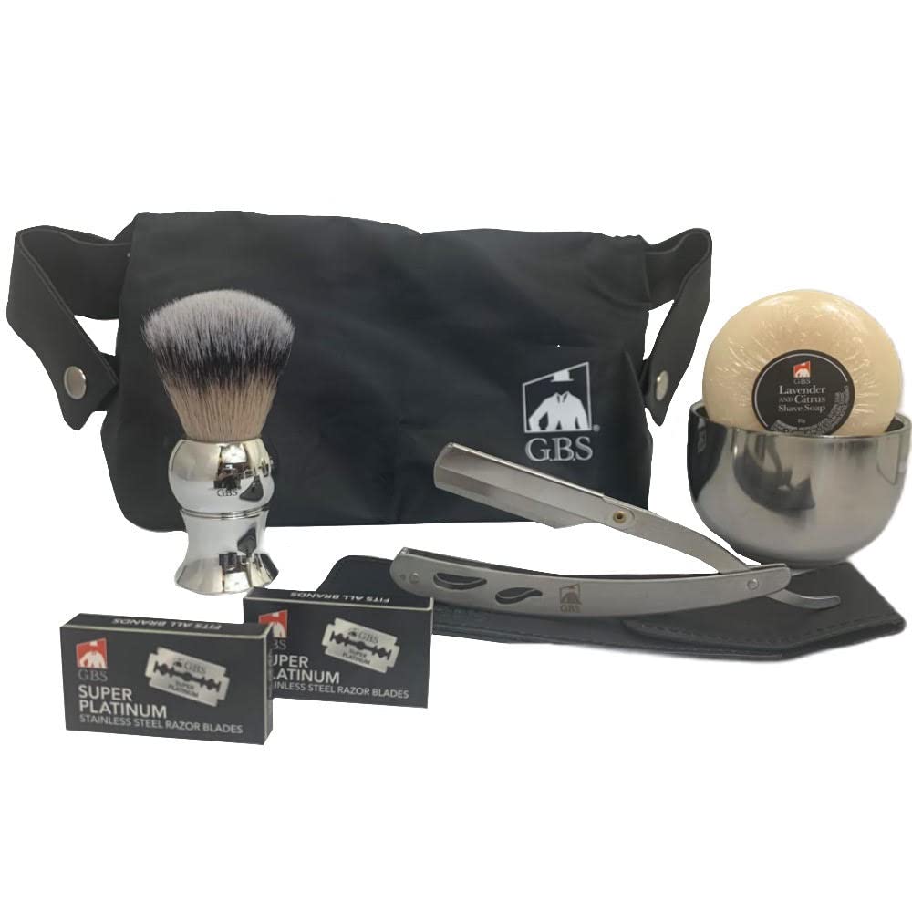 GENTS Men’s Wet Shaving Kit – Shavette Razor, Synthetic Shaving Brush, Shaving Soap, Stainless Steel Bowl, 20 Blades & Travel Toiletry Bag