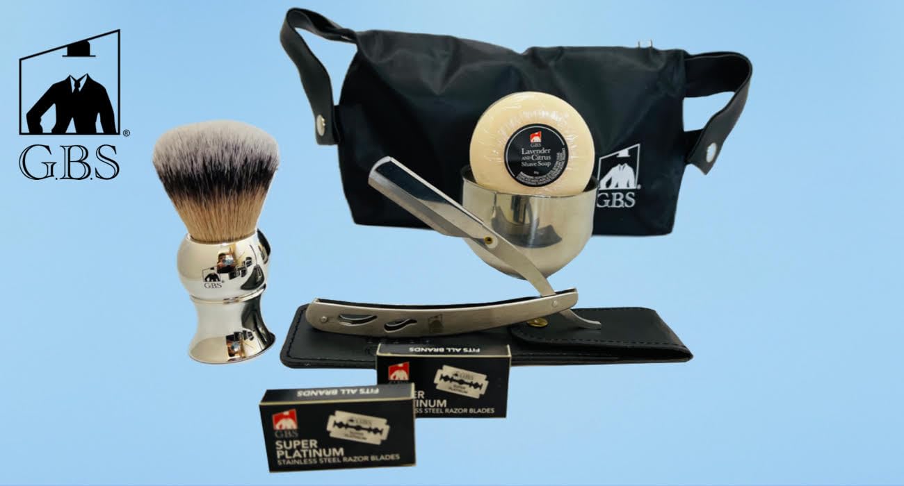 GENTS Men’s Wet Shaving Kit – Shavette Razor, Synthetic Shaving Brush, Shaving Soap, Stainless Steel Bowl, 20 Blades & Travel Toiletry Bag