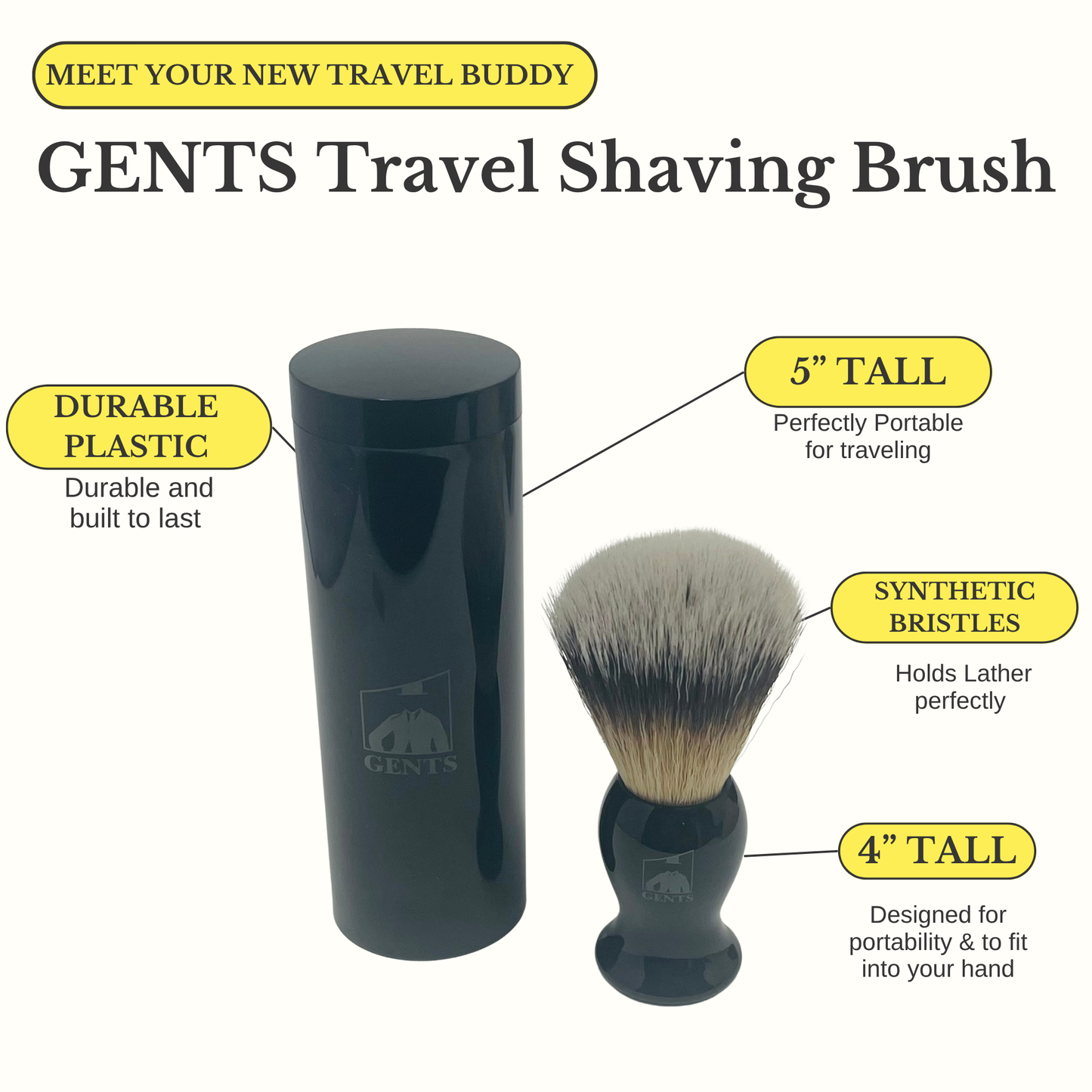 Shaving Brush Synthetic with Travel Tube – 4” Protective Hard Case – Perfect for Travel & Home Use GENTS