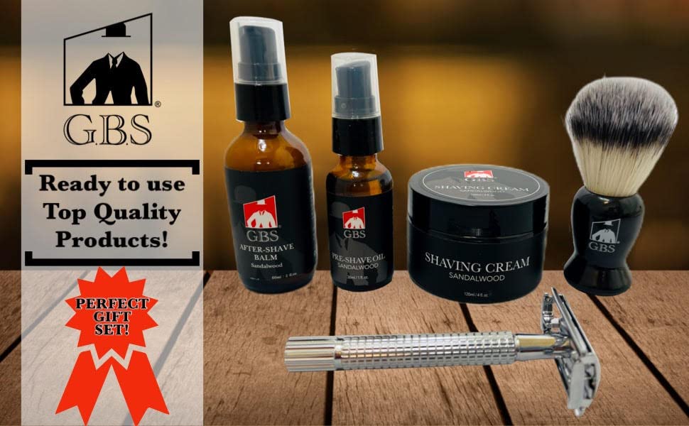 Gift Set Shaving kit for Men with Safety Razor, Sandalwood Shaving Cream, Men’s aftershave, Pre-Shave Oil, Shaving Brush GENTS