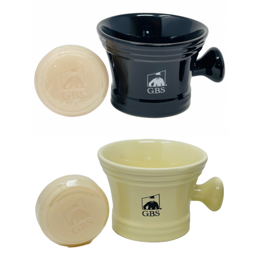 Gift Set Heavy Duty Ceramic Shaving Bowl, Mug with Natural Shave Soap – for use with up to 3” Shaving Soaps and Lathering Shave Cream Cup – Pommel Handle (Black OR White) GENTS