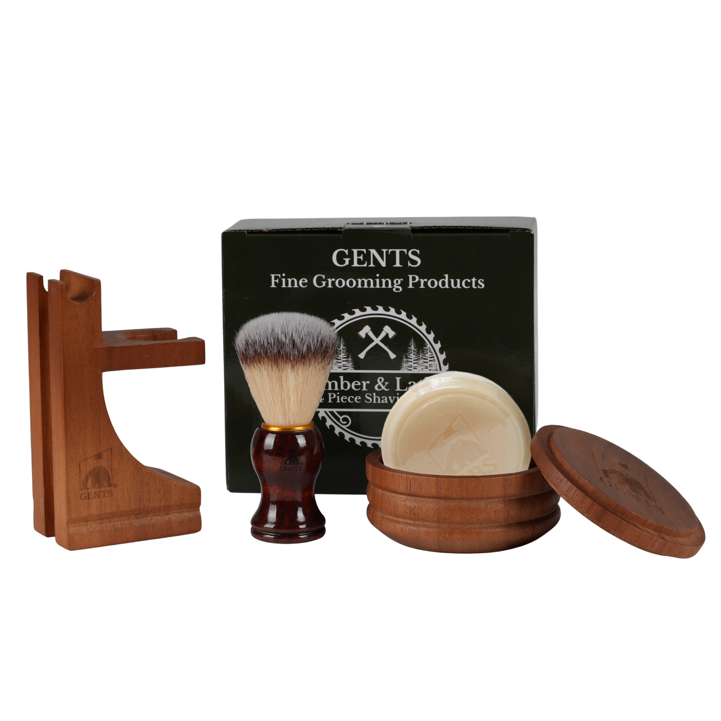 Gift Set Gents Timber & Lather Shaving Gift Set for Men – Wooden Brush, Shave Bowl with Lid, Razor & Brush Stand, Cedar Pine Shea Soap