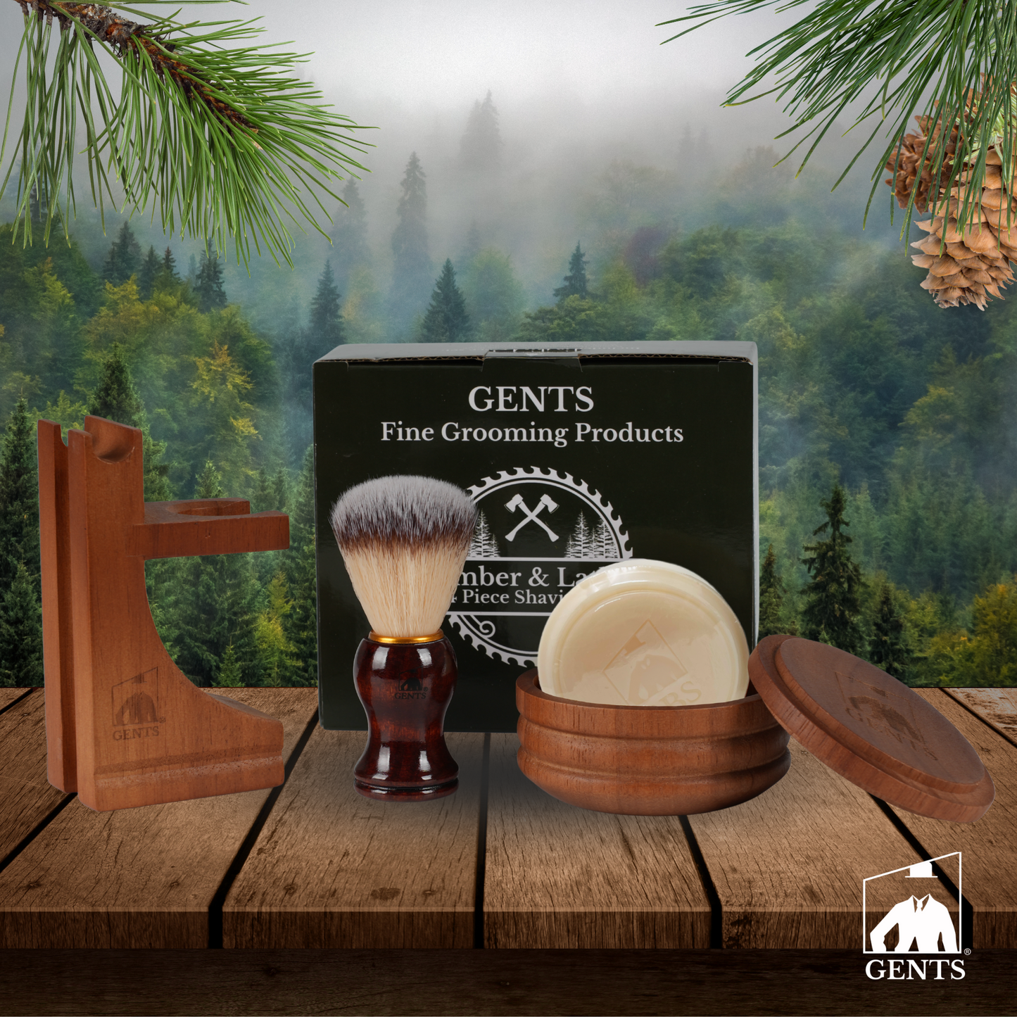 Gift Set Gents Timber & Lather Shaving Gift Set for Men – Wooden Brush, Shave Bowl with Lid, Razor & Brush Stand, Cedar Pine Shea Soap