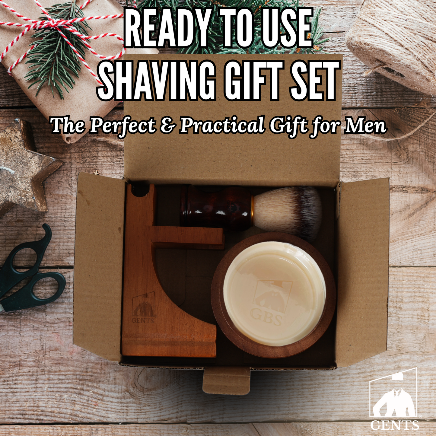 Gift Set Gents Timber & Lather Shaving Gift Set for Men – Wooden Brush, Shave Bowl with Lid, Razor & Brush Stand, Cedar Pine Shea Soap