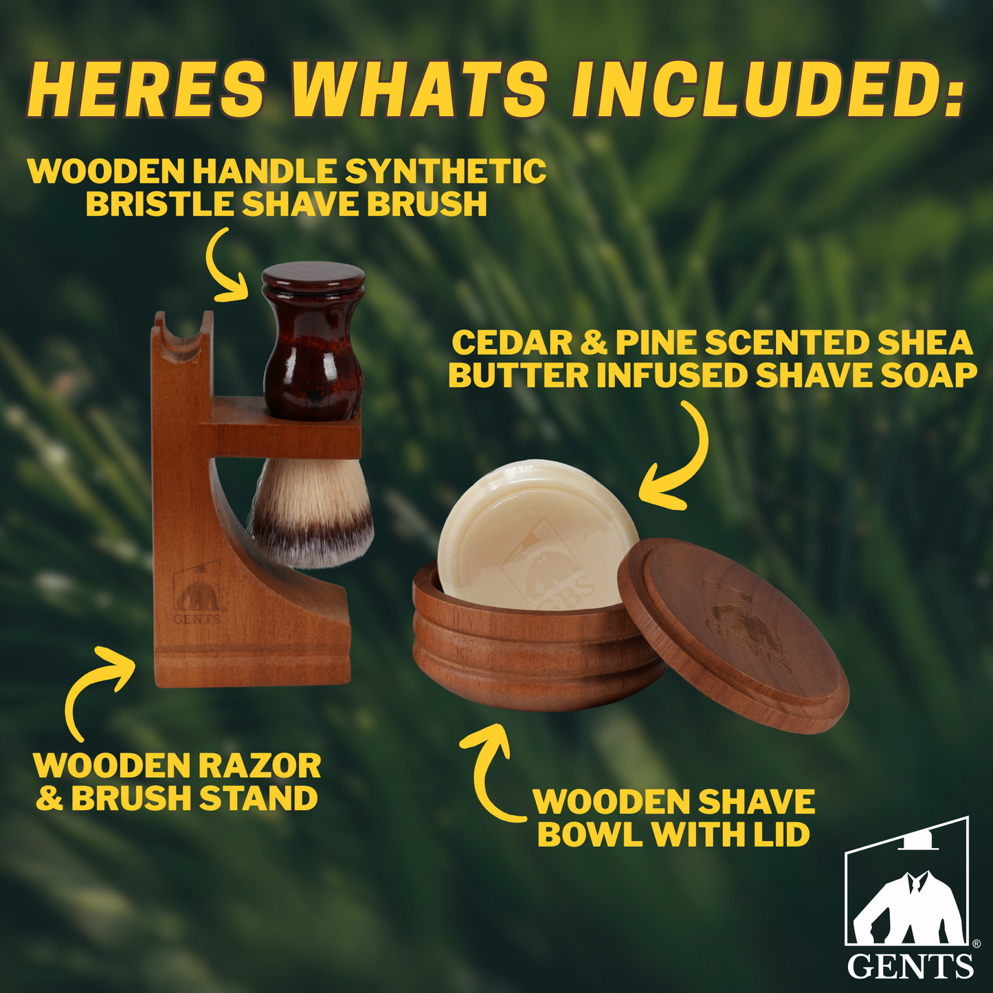 Gift Set Gents Timber & Lather Shaving Gift Set for Men – Wooden Brush, Shave Bowl with Lid, Razor & Brush Stand, Cedar Pine Shea Soap