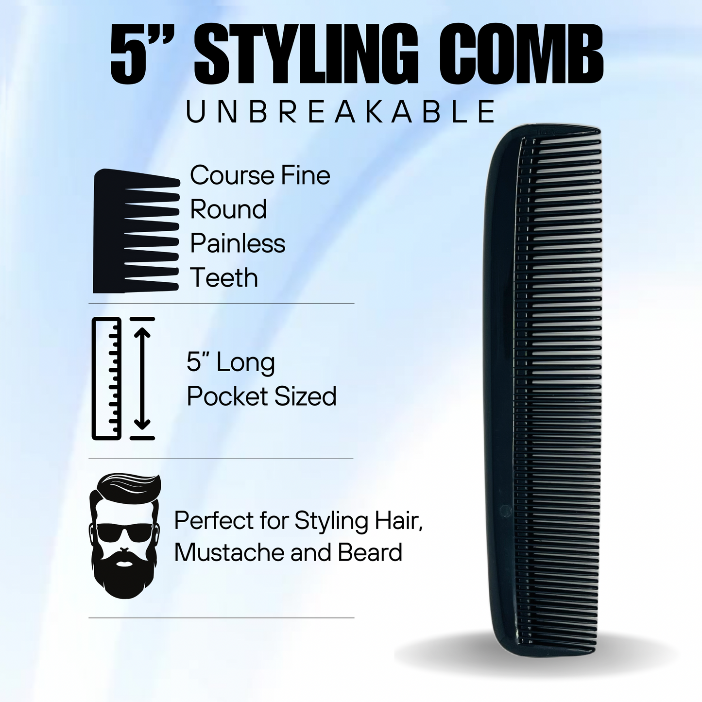 Comb 5" Unbreakable Black Pocket Combs 5 PACK durable Made USA Course Fine or All Fine GENTS