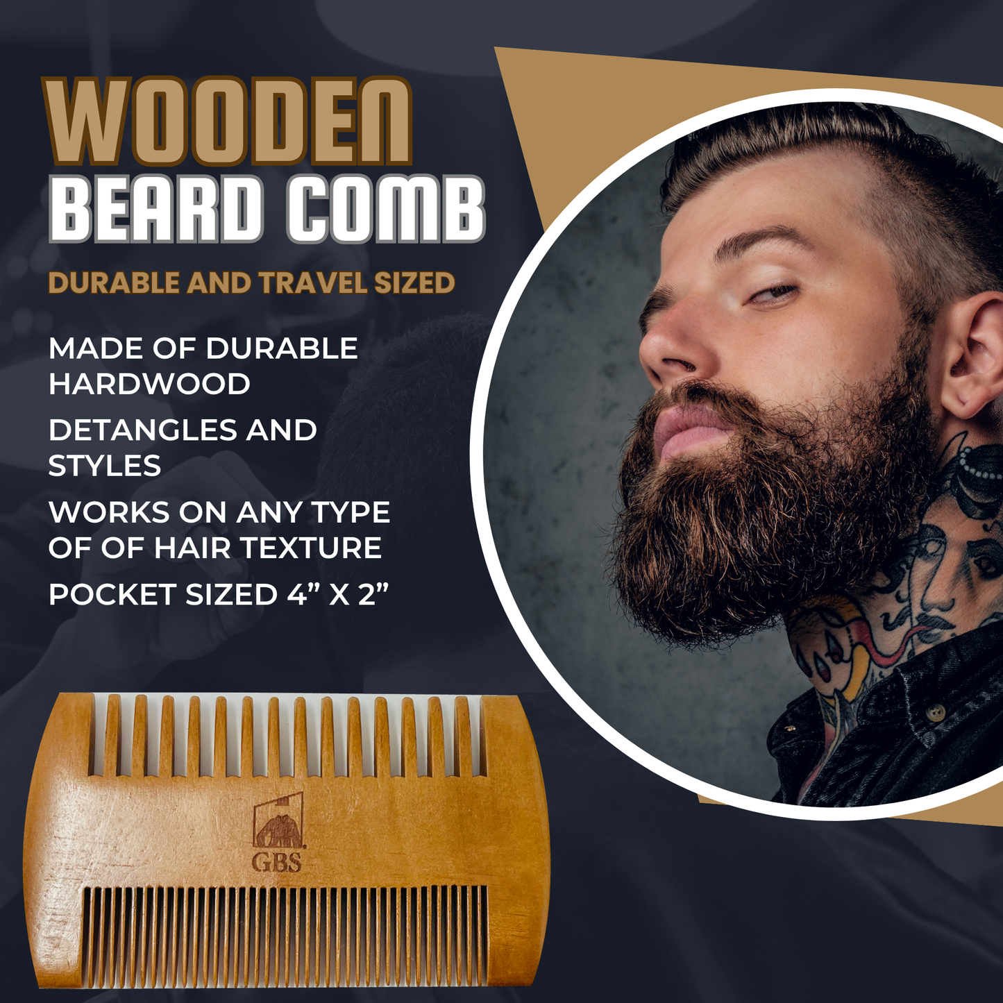 Comb 2-Sided Wooden Beard Comb – Dual Action Styling & Detangling Tool for Men’s Beards & Mustaches GENTS