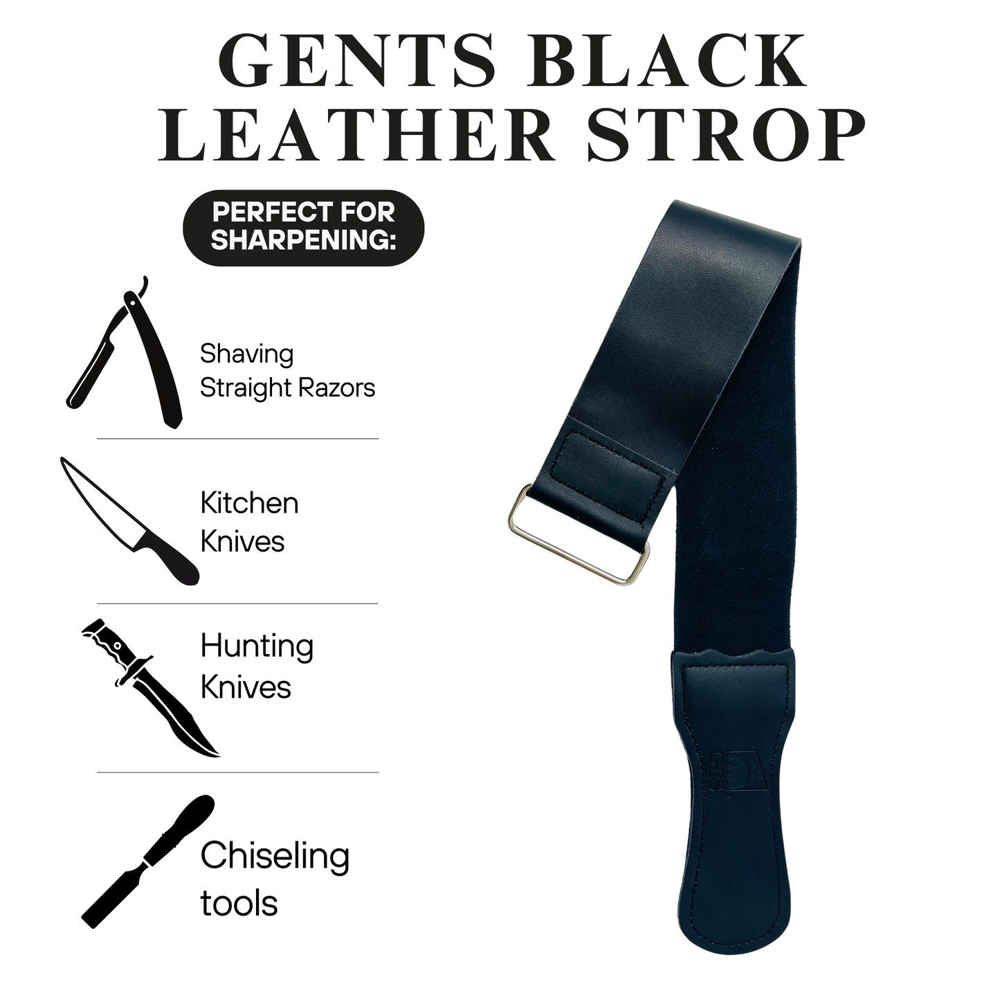 GENTS Black Leather Razor Strop – 18” Long Professional Cowhide Leather Strop with Metal Clip – Knife, Razor & Tool Sharpening Strop for Straight Razors, Chef Knives, Hunting Knives & Wood Carving Tools