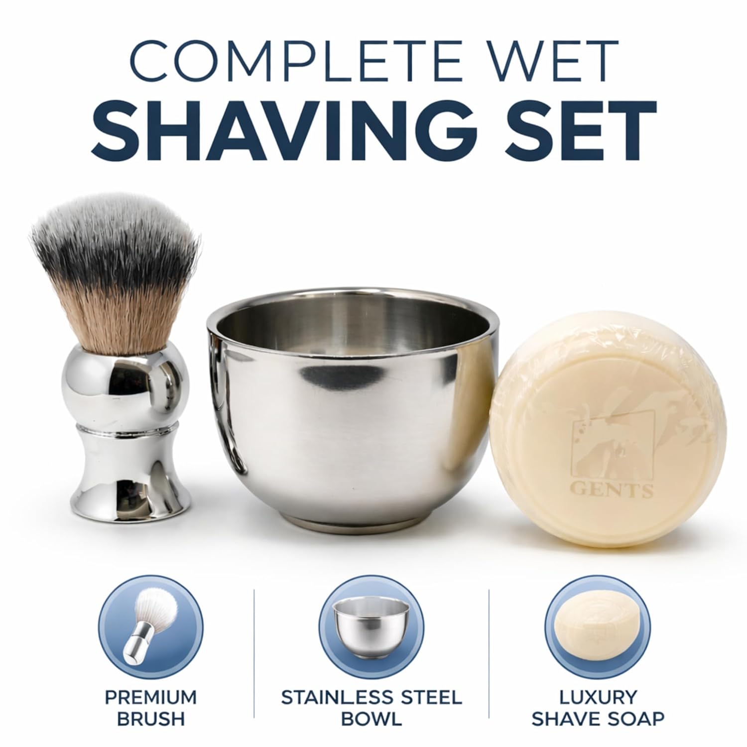 Gift Set GENTS - Men's Shaving Kit 3 pc Stainless Steel Bowl Shaving Soap and Synthetic Shaving Brush