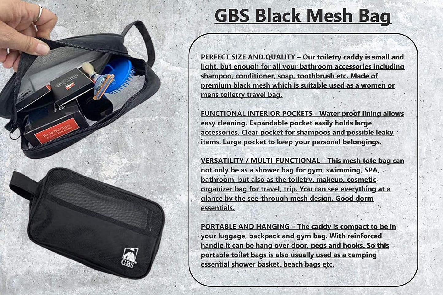 GENTS Black Travel Mesh Shower Caddy Pouch With Zipper - Portable Bathroom Essentials Toiletry Bag with Handles, Mesh Accessories Organizer Tote for Gym, College Dorm Room, Students, Home or Hotel