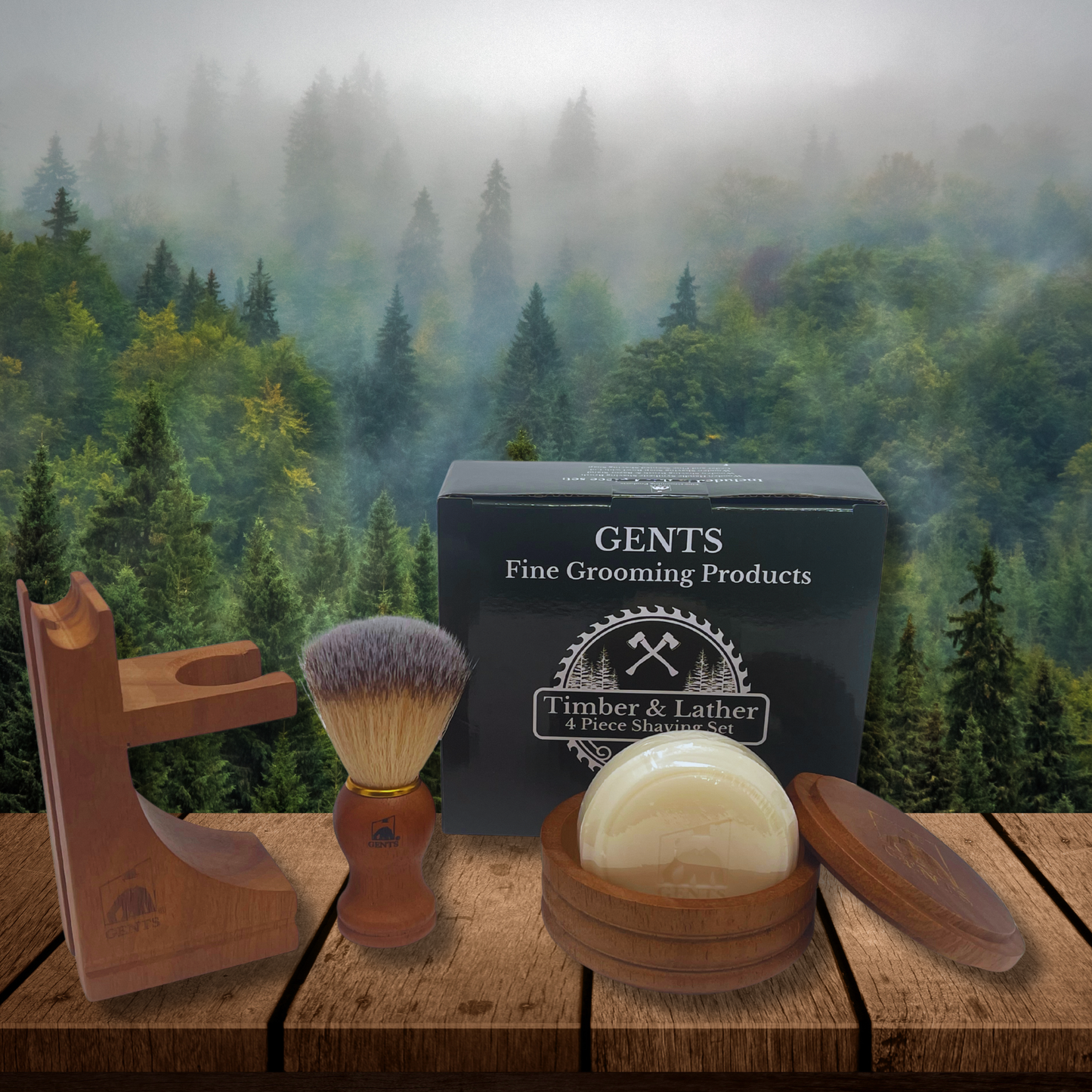 Gift Set Gents Timber & Lather Shaving Gift Set for Men – Wooden Brush, Shave Bowl with Lid, Razor & Brush Stand, Cedar Pine Shea Soap