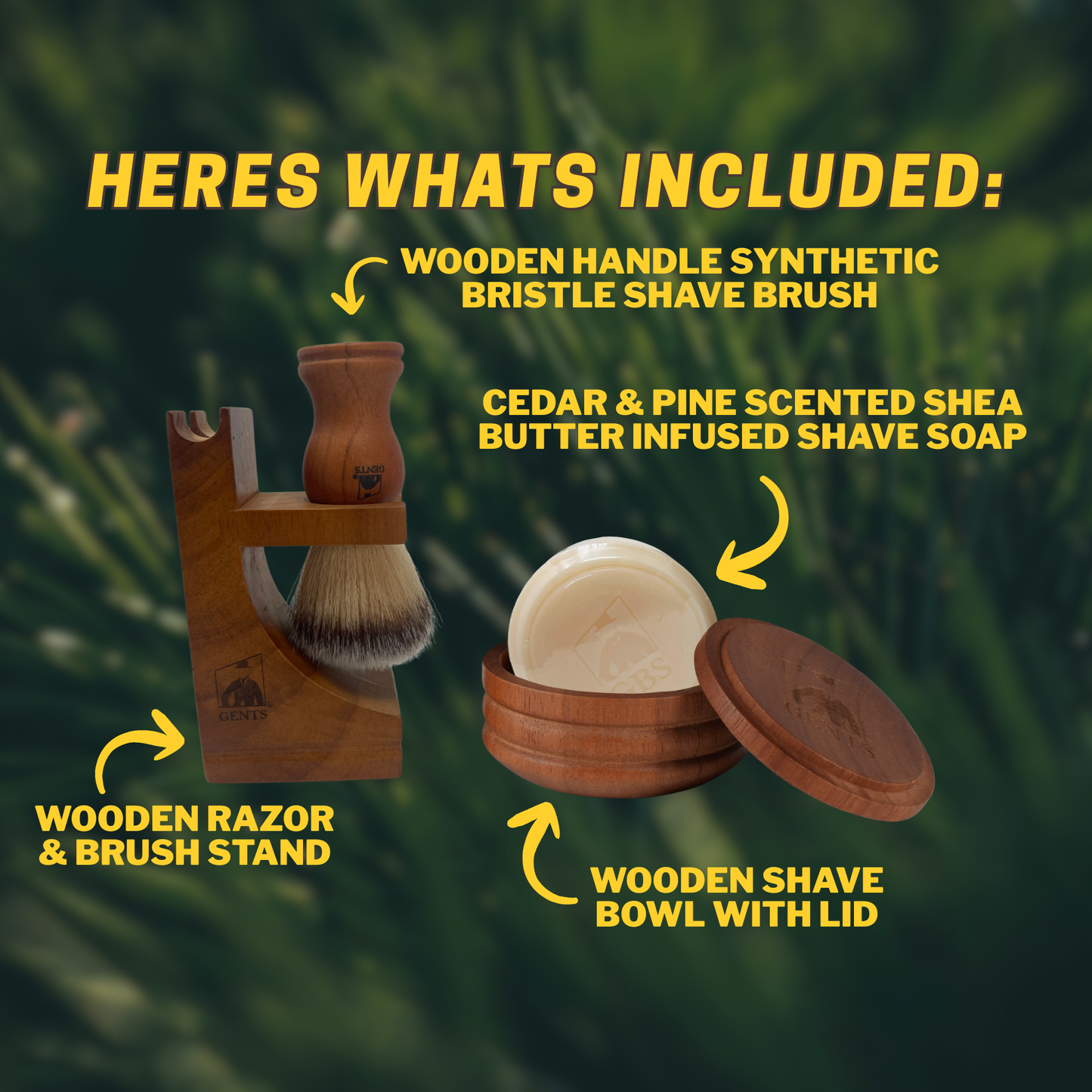 Gift Set Gents Timber & Lather Shaving Gift Set for Men – Wooden Brush, Shave Bowl with Lid, Razor & Brush Stand, Cedar Pine Shea Soap