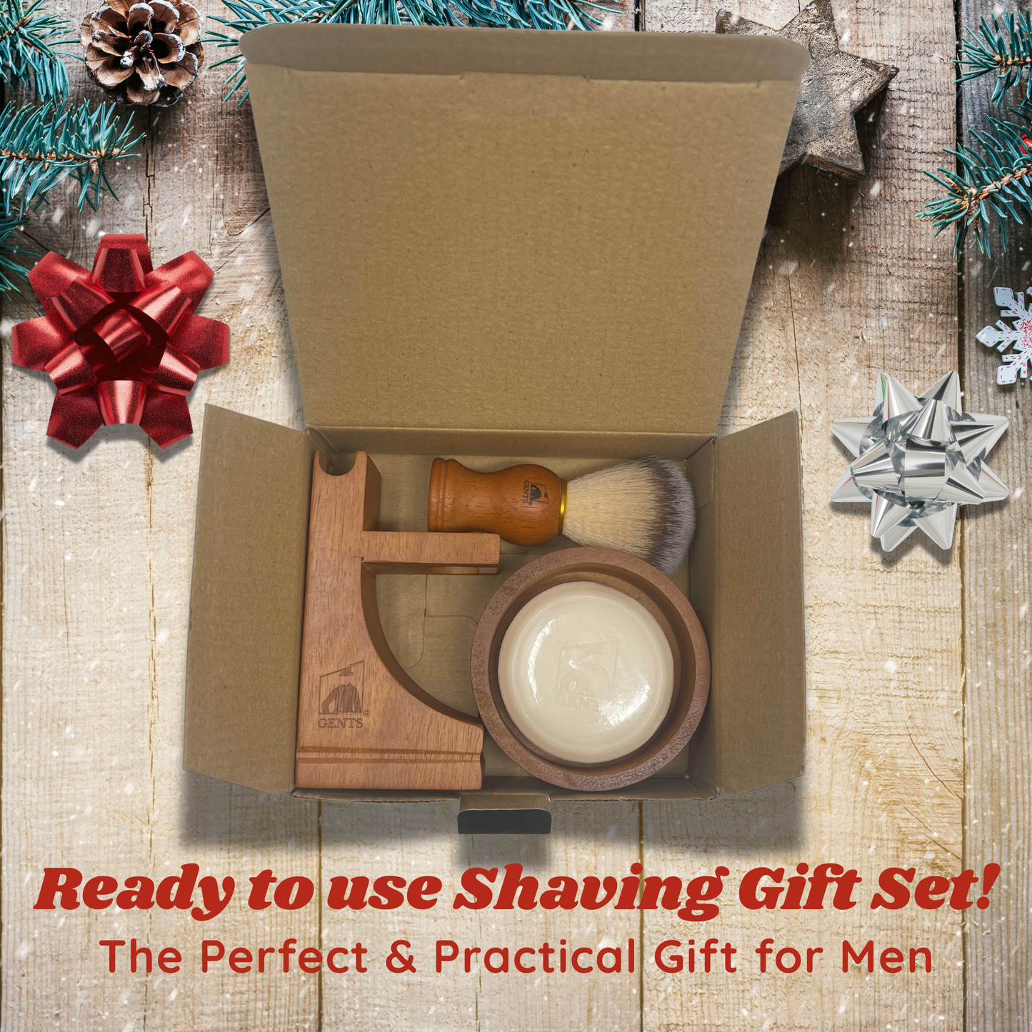 Gift Set Gents Timber & Lather Shaving Gift Set for Men – Wooden Brush, Shave Bowl with Lid, Razor & Brush Stand, Cedar Pine Shea Soap