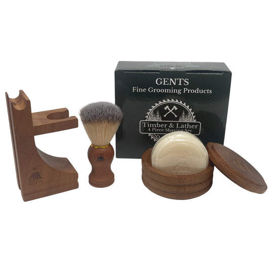 Gift Set Gents Timber & Lather Shaving Gift Set for Men – Wooden Brush, Shave Bowl with Lid, Razor & Brush Stand, Cedar Pine Shea Soap