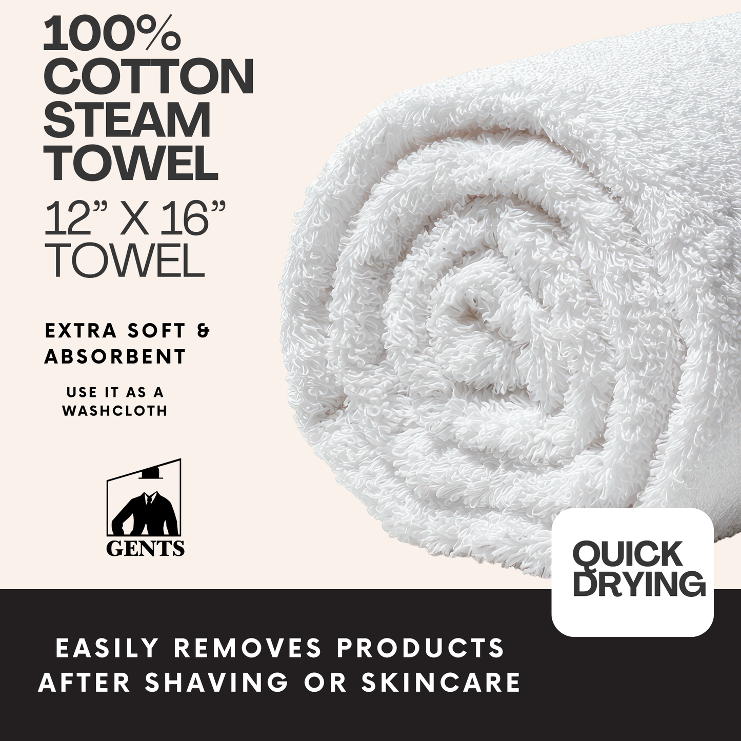 GENTS Barbershop Steam Towel – 100% Cotton Pre-Shave Hot Towel for Men, Soft & Super Absorbent Spa Washcloth – 12” x 16” Heavy Duty Quick-Dry (PACK OF 3)