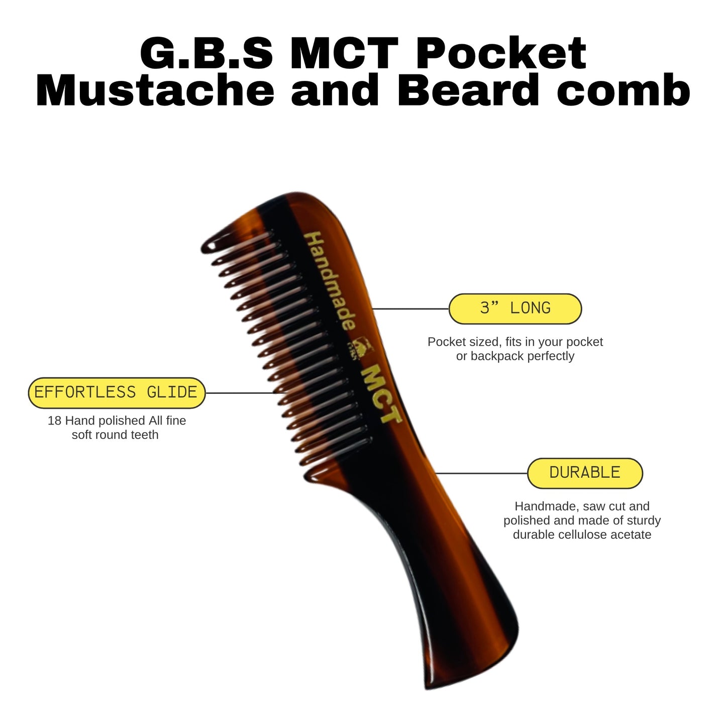 Comb 3" Handmade Mustache Styling Combs – Fine Tooth Cellulose Acetate Pocket Sized for Beard & Hair Styling (Pack of 3) GENTS