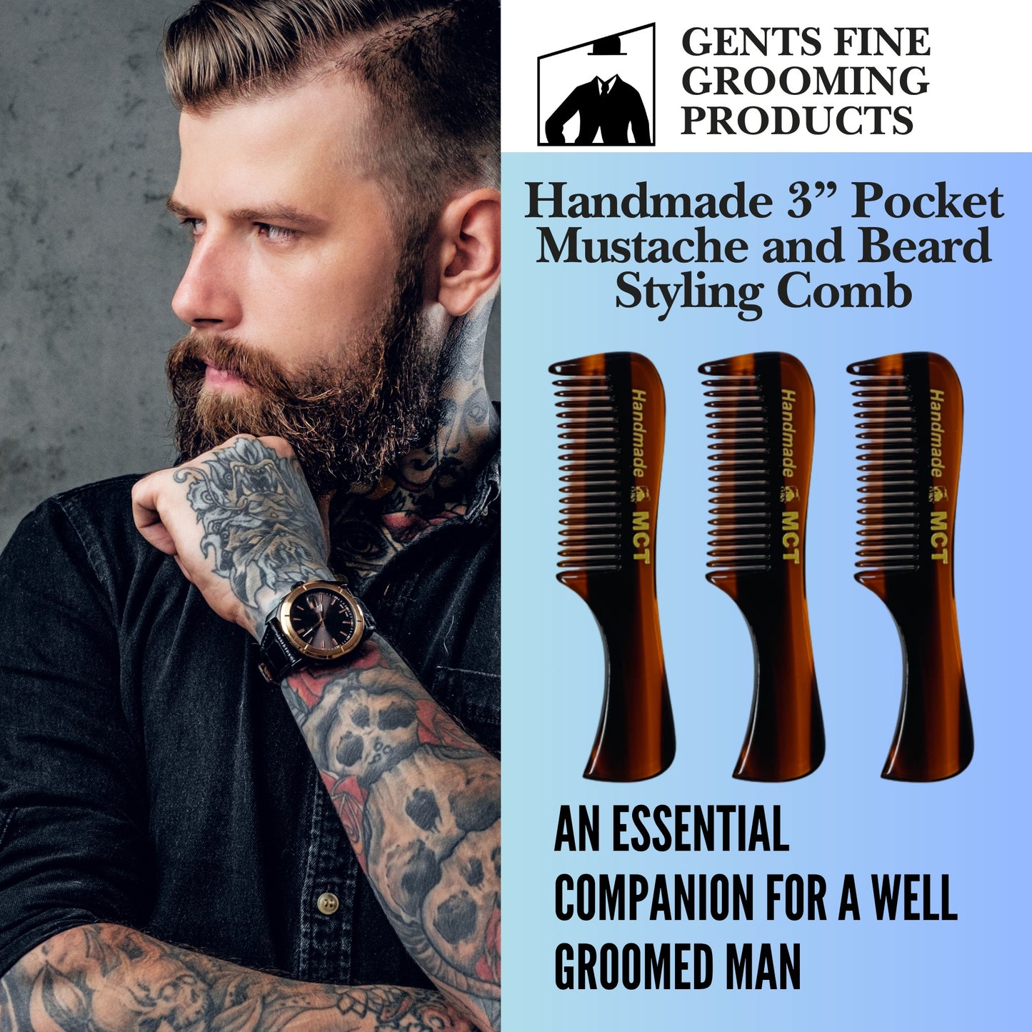 Comb 3" Handmade Mustache Styling Combs – Fine Tooth Cellulose Acetate Pocket Sized for Beard & Hair Styling (Pack of 3) GENTS