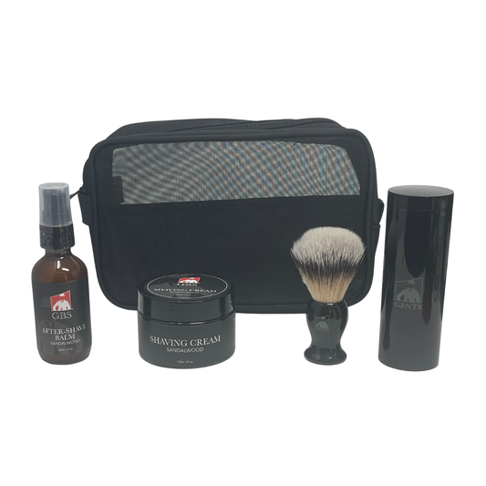 GENTS TRAVEL SHAVING KIT - SYNTHETIC BRUSH, 4 oz SANDALWOOD SHAVING CREAM + 2 oz AFTERSHAVE BALM + TRAVEL CANNISTER