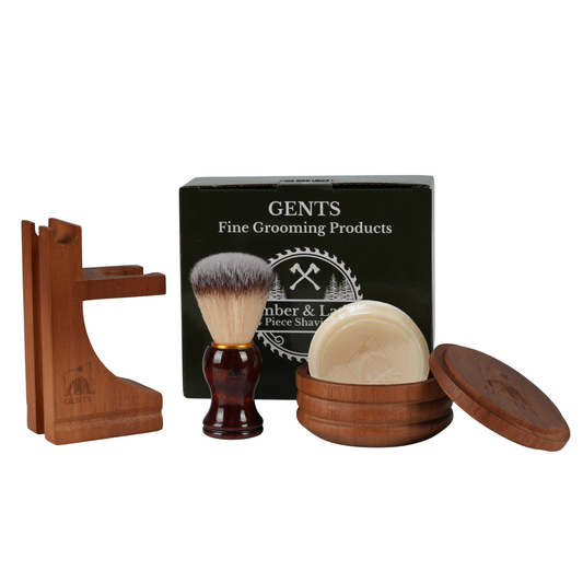 Gift Set Gents Timber & Lather Shaving Gift Set for Men – Wooden Brush, Shave Bowl with Lid, Razor & Brush Stand, Cedar Pine Shea Soap