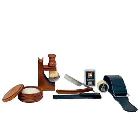 Gift Set Complete Men’s Wooden Shaving kit – 6/8" Straight Razor, Shaving Brush, Soap, Bowl & Stand – Premium Wet Shaving  GENTS
