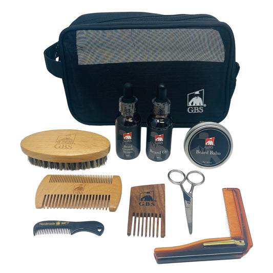 Gift Set GENTS - Complete Beard Grooming & Growth Kit – Beard Oil, Beard Growth Serum, Beard Balm, Boar Bristle Brush, Wood Beard Combs, Folding Comb, Mustache Comb, Scissors and Mesh Travel Bag