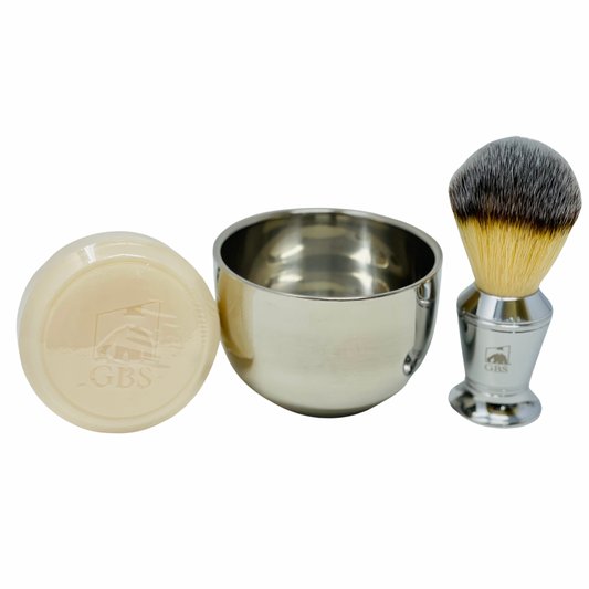 Gift Set GENTS - Men's Shaving Kit 3 pc Stainless Steel Bowl Shaving Soap and Synthetic Shaving Brush