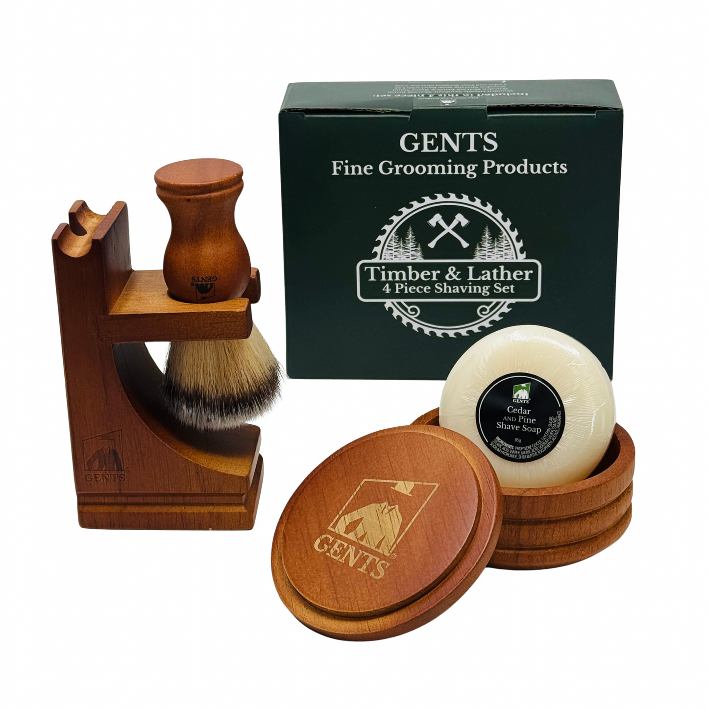 Gift Set Gents Timber & Lather Shaving Gift Set for Men – Wooden Brush, Shave Bowl with Lid, Razor & Brush Stand, Cedar Pine Shea Soap
