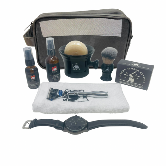 Gift Set Men’s Complete Shaving and Grooming Gift Set – Premium Fusion Compatible Razor, Shaving Brush, Shave Soap Bowl, Pre-Shave Oil, Aftershave Balm, Towel, Travel Bag &amp; Watch | Luxury Gift Set for Men