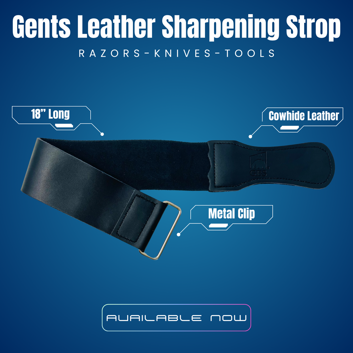 GENTS Black Leather Razor Strop – 18” Long Professional Cowhide Leather Strop with Metal Clip – Knife, Razor & Tool Sharpening Strop for Straight Razors, Chef Knives, Hunting Knives & Wood Carving Tools
