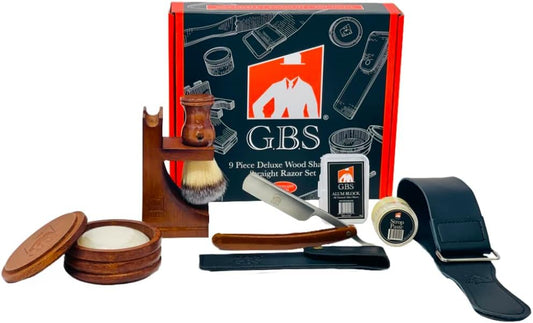GENTS Complete Professional Wet Shave Kit Shaving Set- Shave Box Includes 5/8" Inch Carbon Steel Straight Razor with Wooden Handle, Synthetic Hair Shave Brush, Wood Shave Soap Bowl